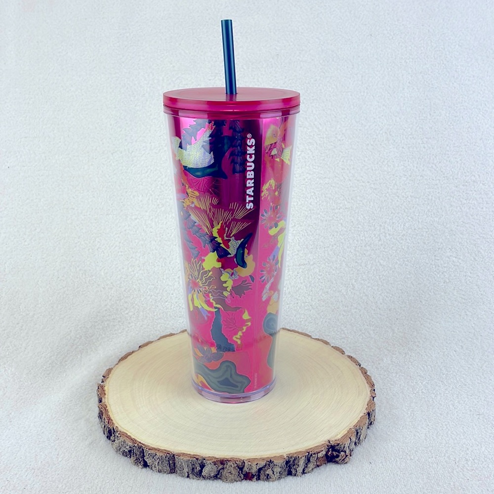 NWT STARBUCKS 24oz Pink Ocean Jellyfish Sea Floral Tumbler w/ Lid Fall 2023